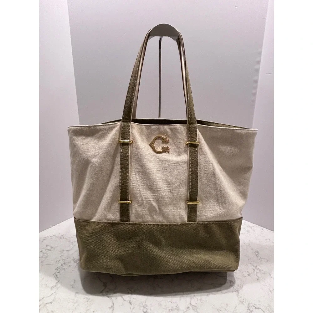 C Wonder Canvas‎ Colorblock Tote Bag Cream Olive Green Gold Logo Large Shopper